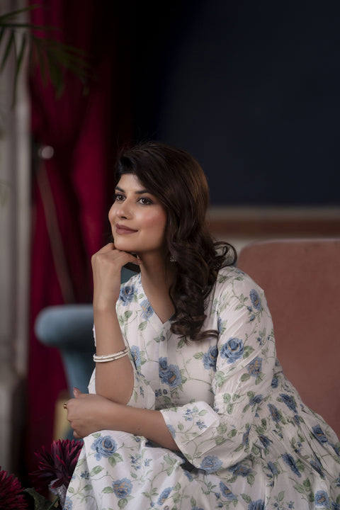 Women White Floral Printed Flared Dress