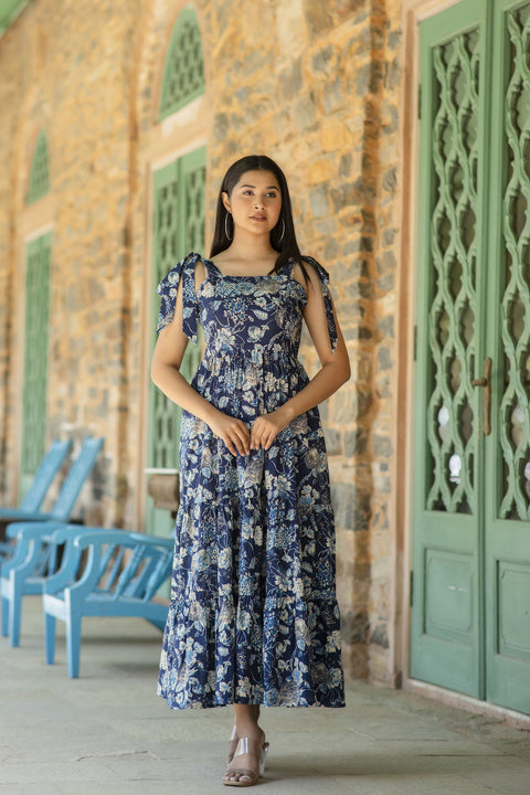 Women Navy Blue Floral Printed Sleeveless Dress