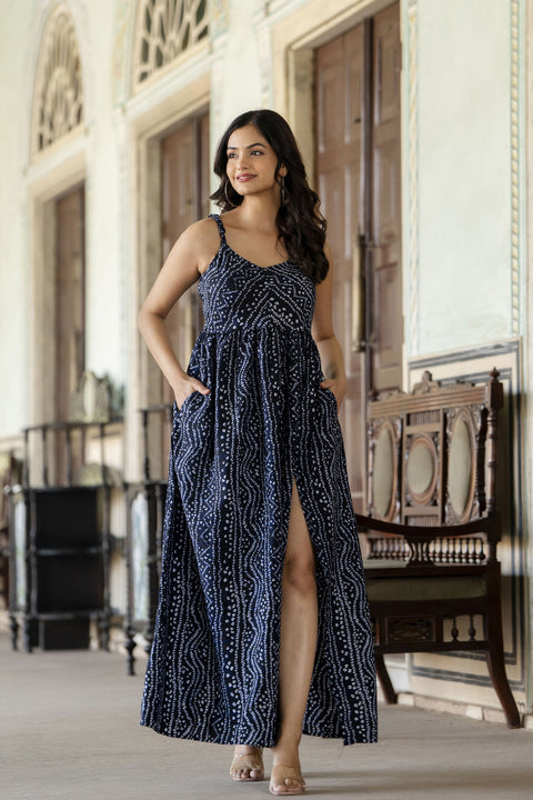 Women Navy Blue Bandhani Printed Sleeveless Dress