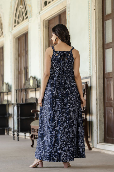 Women Navy Blue Bandhani Printed Sleeveless Dress
