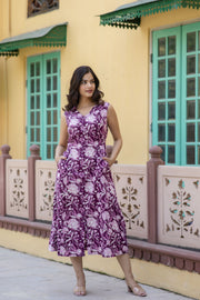Women Purple Abstract Printed Sleeveless Midi Dress