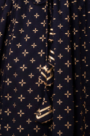 Women Navy Blue Gold Printed Flared Dress With Three quarter Sleeves