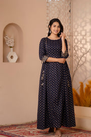 Women Navy Blue Gold Printed Flared Dress With Three quarter Sleeves