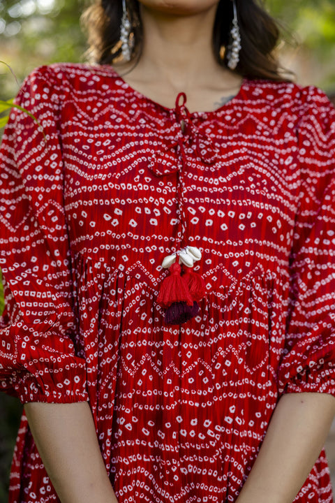 Women Red Bandhani Printed Flared Dress