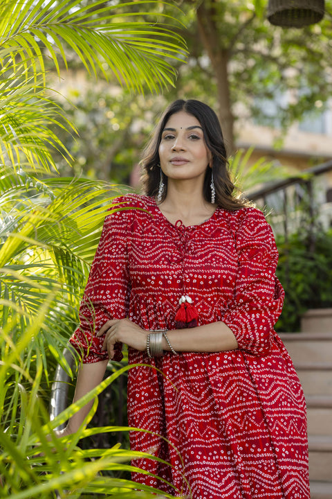Women Red Bandhani Printed Flared Dress