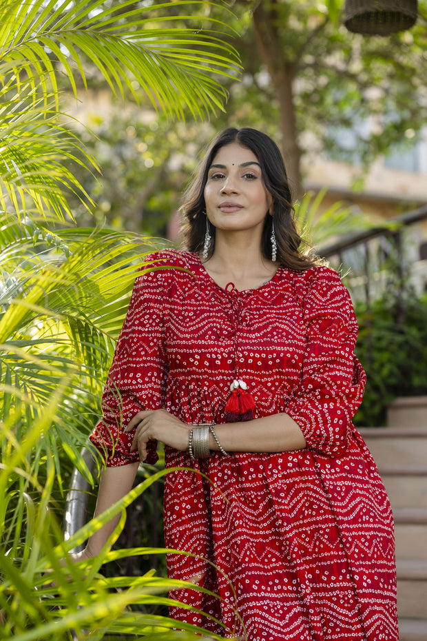 Women Red Bandhani Printed Flared Dress