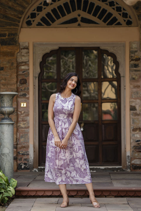 Women Purple Abstract Printed Sleeveless Midi Dress
