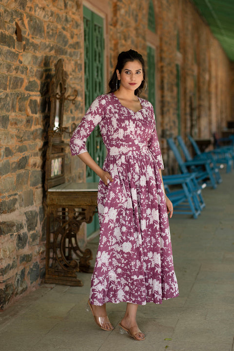Women Mauve Ethnic Printed Flared Dress