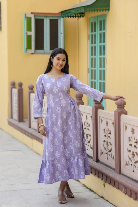 Women Purple Ethnic Printed Flared Dress
