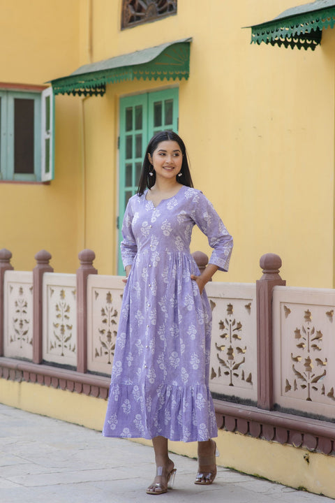 Women Purple Ethnic Printed Flared Dress