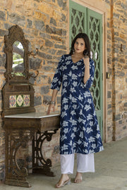Women Blue Ethnic Printed A-Line Kurta with Three Quarter Sleeves
