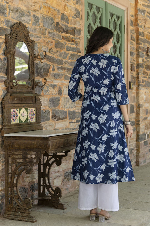 Women Blue Ethnic Printed A-Line Kurta with Three Quarter Sleeves