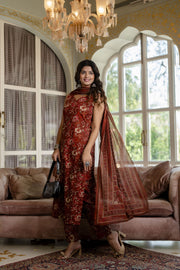 Women Rust Floral Printed Straight Kurta With Trouser And Dupatta