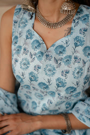 Women Aqua Blue Printed Straight Kurta With Trouser And Dupatta