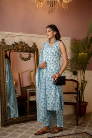 Women Aqua Blue Printed Straight Kurta With Trouser And Dupatta