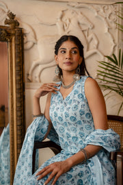 Women Aqua Blue Printed Straight Kurta With Trouser And Dupatta