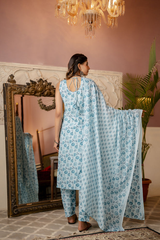 Women Aqua Blue Printed Straight Kurta With Trouser And Dupatta
