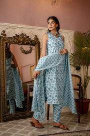 Women Aqua Blue Printed Straight Kurta With Trouser And Dupatta