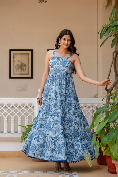 Women Blue Ethnic Printed Flared Dress