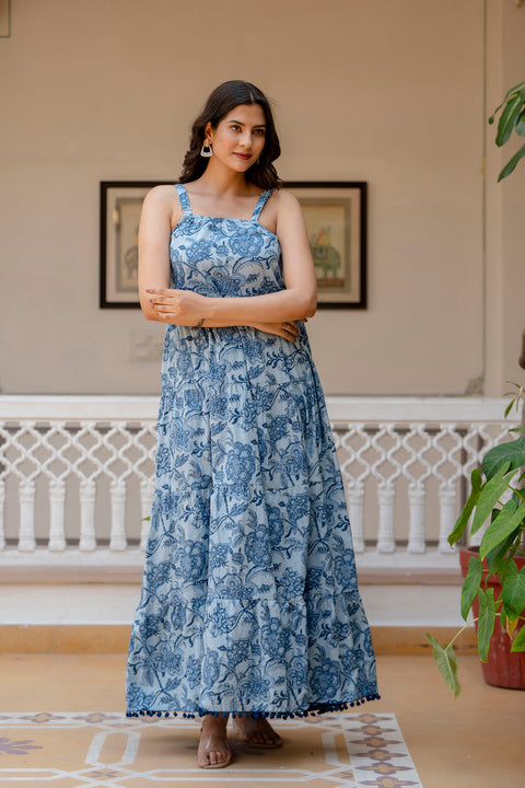 Women Blue Ethnic Printed Flared Dress