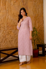 Women Purple Ethnic Printed Straight Kurta with Three Quarter Sleeves