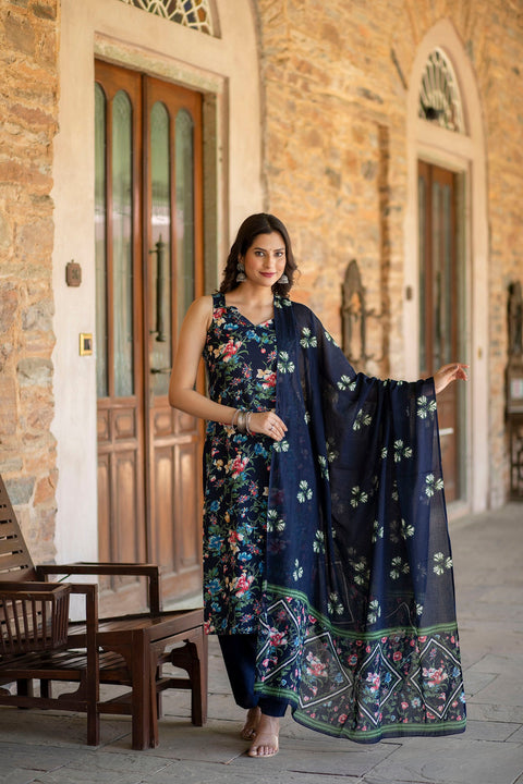 Women Navy Blue Printed Straight Kurta With Trouser And Dupatta