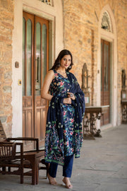 Women Navy Blue Printed Straight Kurta With Trouser And Dupatta