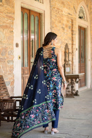 Women Navy Blue Printed Straight Kurta With Trouser And Dupatta