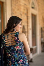 Women Navy Blue Printed Straight Kurta With Trouser And Dupatta