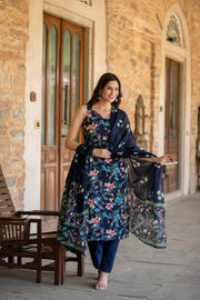 Women Navy Blue Printed Straight Kurta With Trouser And Dupatta
