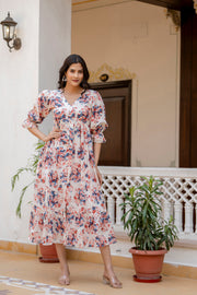 Women Off-White Floral Printed Flared Dress With Three quarter Sleeves