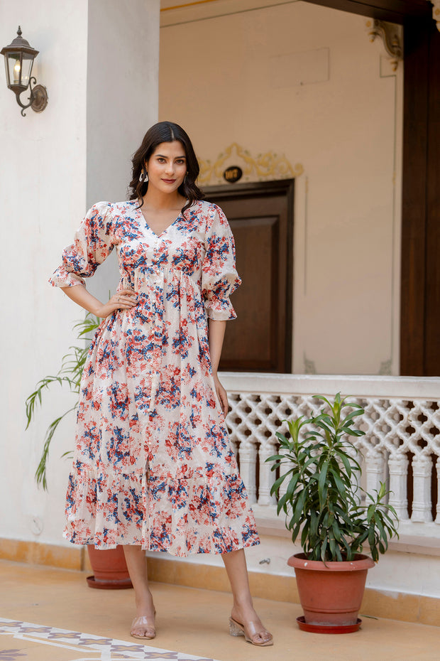 Women Off-White Floral Printed Flared Dress With Three quarter Sleeves