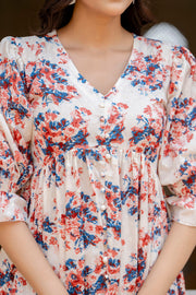 Women Off-White Floral Printed Flared Dress With Three quarter Sleeves
