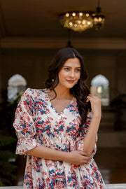 Women Off-White Floral Printed Flared Dress With Three quarter Sleeves