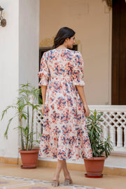 Women Off-White Floral Printed Flared Dress With Three quarter Sleeves