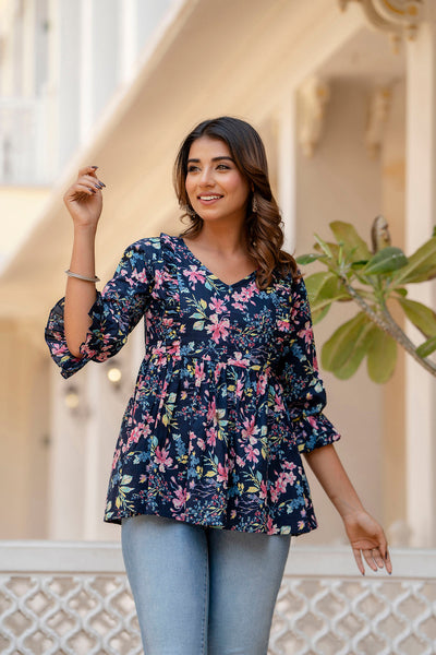 Women Navy Blue Peplum V- Neck Top