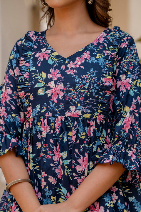 Women Navy Blue Peplum V- Neck Top