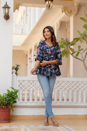 Women Navy Blue Peplum V- Neck Top