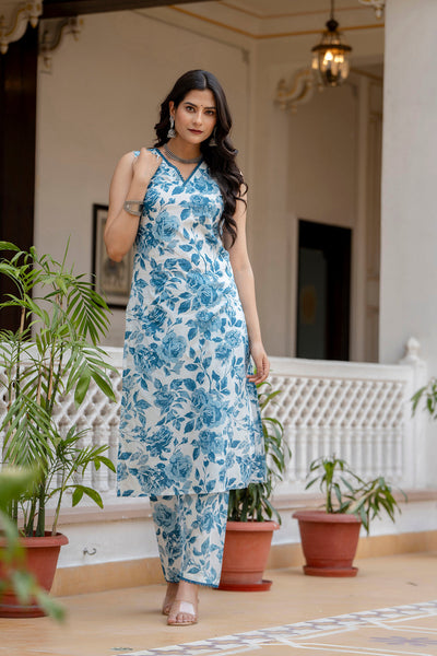 Women Sky Blue Printed Straight Kurta With Trouser