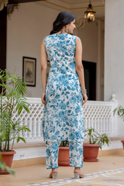 Women Sky Blue Printed Straight Kurta With Trouser