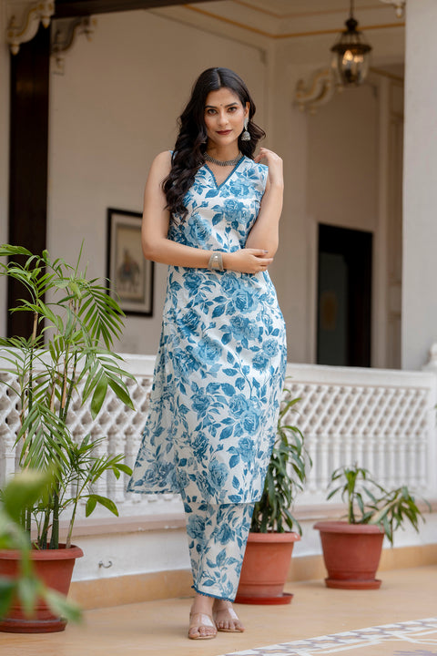 Women Sky Blue Printed Straight Kurta With Trouser