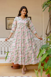 Women Off-White Floral Printed Flared Dress With Three quarter Sleeves