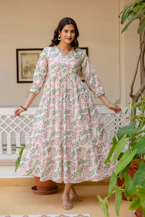 Women Off-White Floral Printed Flared Dress With Three quarter Sleeves