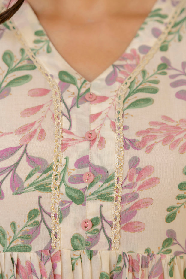 Women Off-White Floral Printed Flared Dress With Three quarter Sleeves