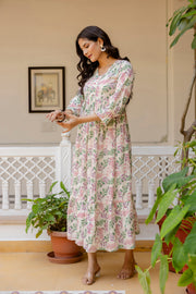 Women Off-White Floral Printed Flared Dress With Three quarter Sleeves