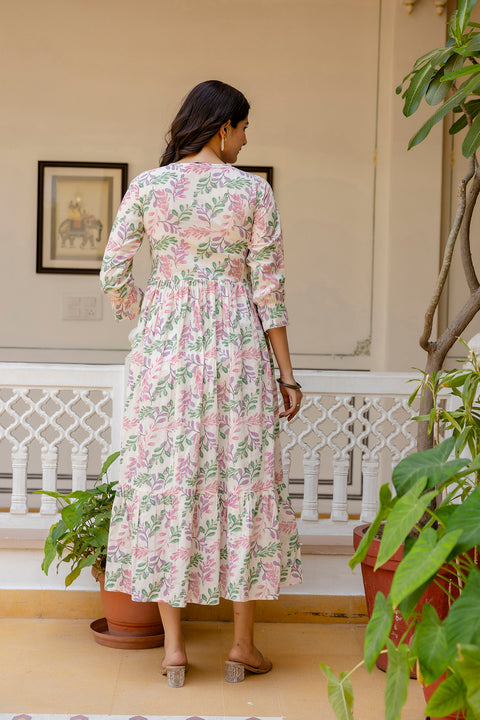 Women Off-White Floral Printed Flared Dress With Three quarter Sleeves