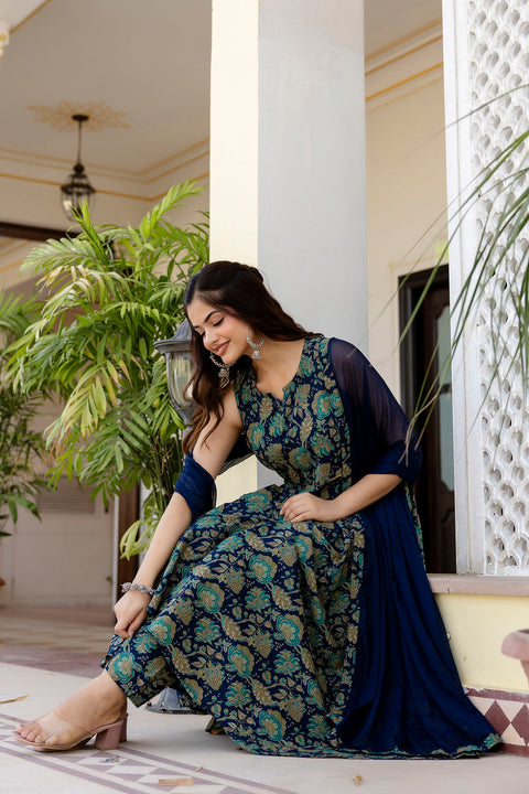 Women Blue Floral Printed Anarkali Kurta With Trouser And Dupatta