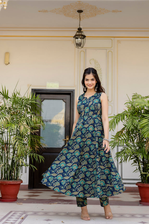 Women Blue Floral Printed Anarkali Kurta With Trouser And Dupatta