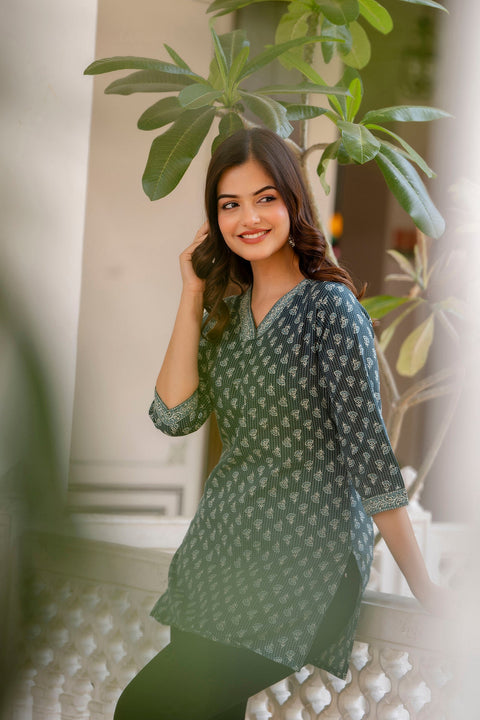 Women Green Straight V- Neck Tunic