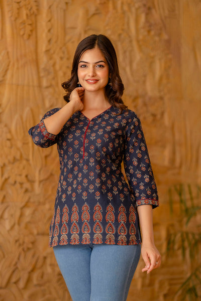 Women Blue Tunic With Three Quaretr Sleeves